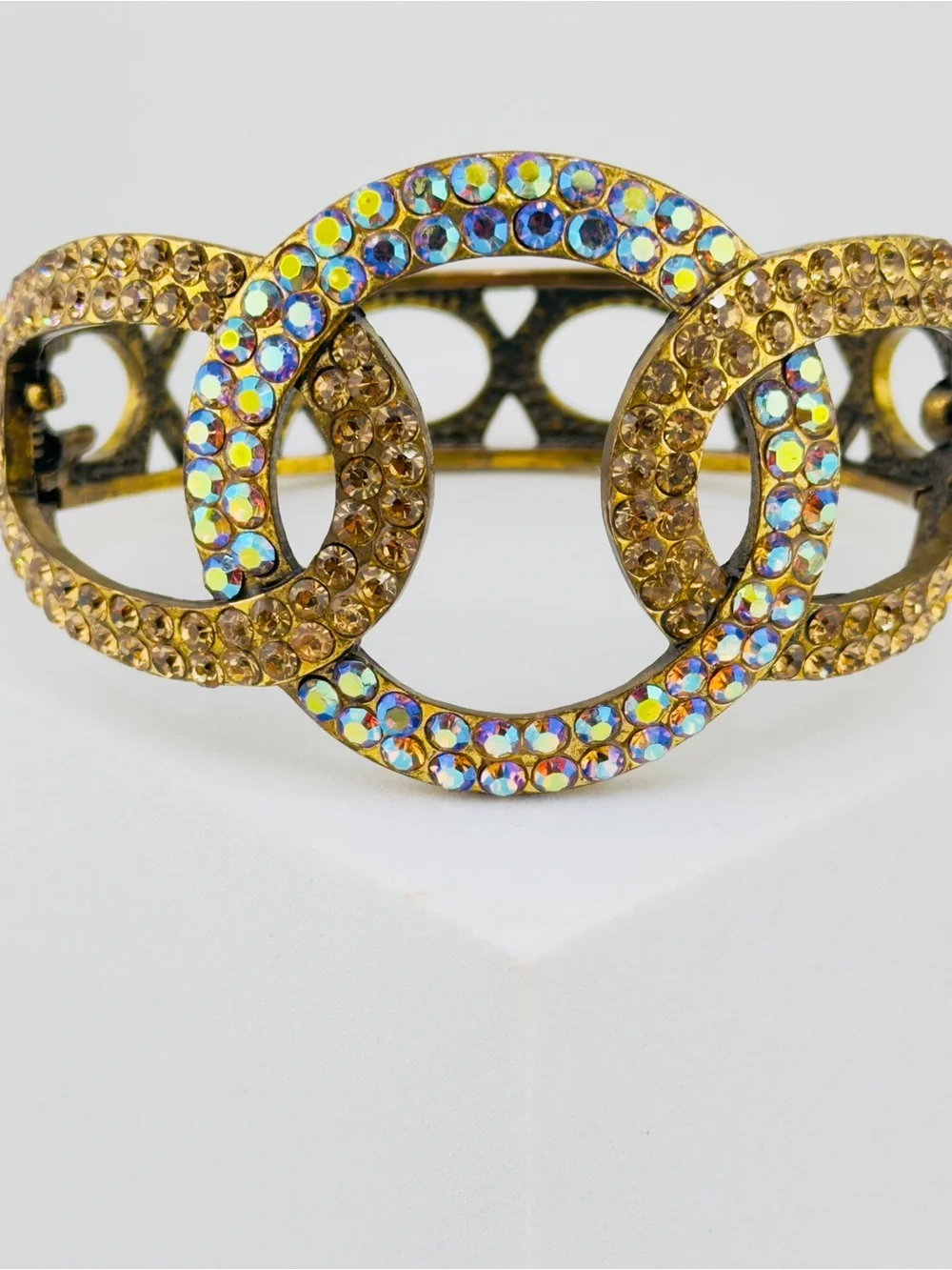 Aurora Borealis (AB) & Amber Crystals Cuff Hinged Bracelet 8-1/4” Diameter